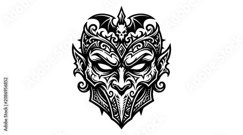 Foto Ornate Devil Mask Tattoo Design, Tribal Evil Demon Face, Black and White