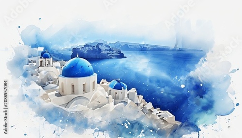 Dreamy Santorini Watercolor Painting Of Iconic Blue Domes