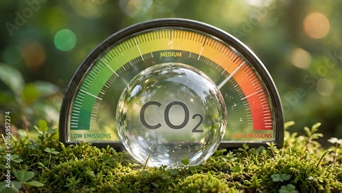 Carbon dioxide emissions gauge with moss and greenery environmental impact concept