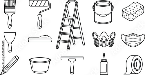Home renovation and painting tools outline icons set featuring paintbrush roller ladder paint bucket and mask vector