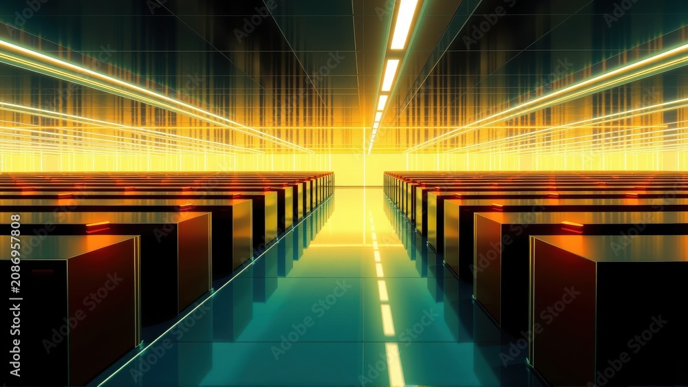 Fototapeta premium Futuristic corridor. Bright lines create perspective. Dark walls contrast warm illumination. Minimalist design evokes digital space.