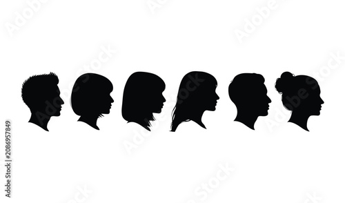 Photos Series of six black silhouette profile portraits showing progressive hair growth