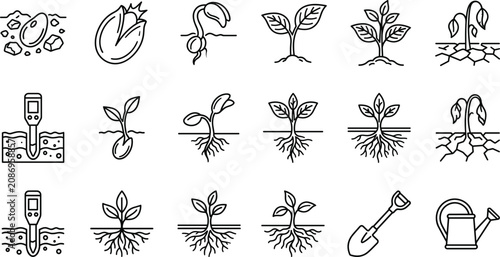 Foto Plant growth stages and agriculture outline icons set featuring seed sprouting r