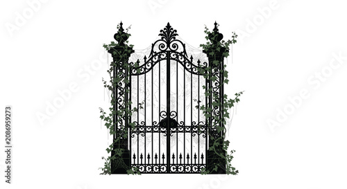 Ornate wrought iron garden gate entrance.