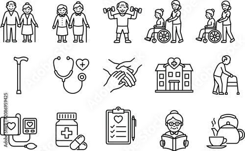 Elderly care and nursing home outline icons set featuring senior citizens wheelchair caregiver medical assistance elements vector