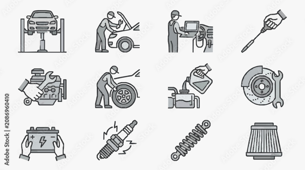 Fototapeta premium Dynamic Black and White Line Illustrations of Essential Car Maintenance and Repair Tasks with high quality professional line art symbols for modern creative design and digital branding projects