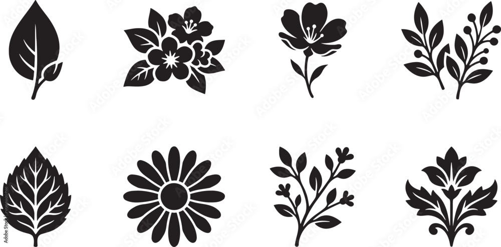 Obraz premium Separate garden leaves collection and simple daisy flower heads