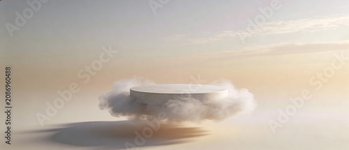 Circular white podium floating above clouds in a serene sky with soft pastel colors, creating an ethereal and dreamlike atmosphere for product display