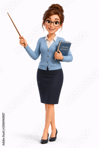 High-quality 3D illustration of a smiling female English teacher holding a grammar book and pointing with a teaching stick. Perfect for education, language learning, school, classroom, tutoring.