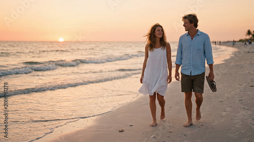 Couple walking barefoot on sandy beach during sunset, wearing casual summer clothing, with gentle waves and palm trees in the background