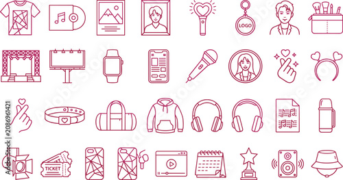 Foto Fan Merchandise Line Art Icon Set with Lightstick Photo Card Headphones and Conc