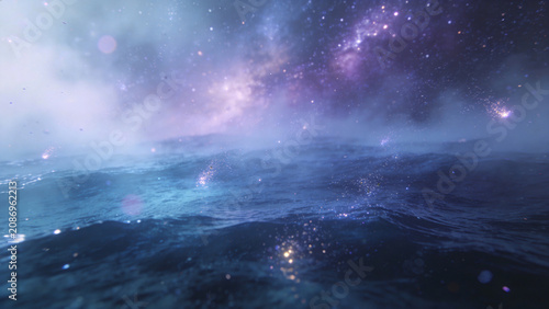 Abstract digital illustration of ocean waves under a starry night sky with cosmic elements, featuring vibrant colors and ethereal mist in a surreal atmosphere