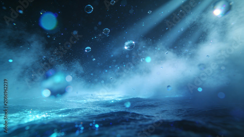Abstract underwater scene with shimmering blue water, floating bubbles, and beams of light penetrating through the surface, creating a tranquil aquatic atmosphere