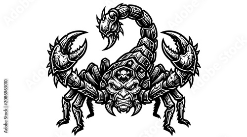 Schilderij op canvas Scary Scorpion Tattoo Design, Evil Insect with Skull Symbol, Black and White