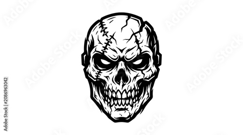 Konstfotografi Scary Skull Tattoo Design, Horror Zombie Face, Black and White Illustration