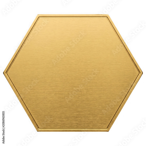 Golden hexagonal plaque with a brushed metal texture and border isolated on transparent background