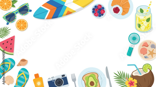 Foto A vibrant flat-lay vector illustration featuring summer essentials like fruit, beach gear, and breakfast surrounding a white central space