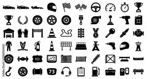 фотографія Motorsport Racing Silhouette Icon Collection Black Sports Car Trophy Flag Vector