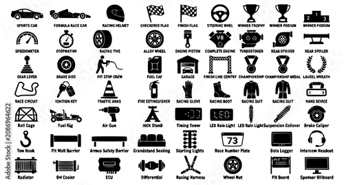 Принти на полотні Black Racing Motorsport Icon Vector Set Car Helmet Trophy Checkered Flag Collect