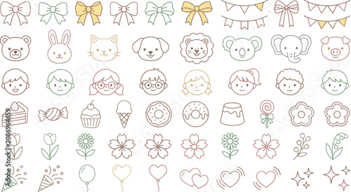 Принти на полотні Cute Line Art Doodle Icon Set with Bow Animal Face and Flower Elements Hand Draw