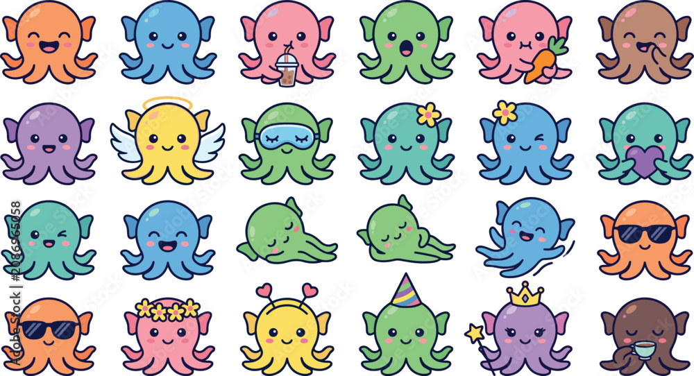 Obraz premium Cute Octopus Character Set with Different Colors and Expressions Kawaii Cartoon Vector Illustration for Kids Design and Prints