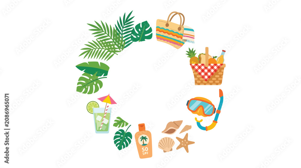 Fototapeta premium A circular composition of colorful summer-themed icons, including tropical leaves, picnic basket, beach gear, and cocktails on a white background.