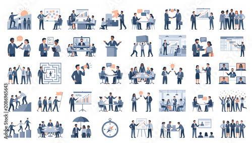 Comprehensive business management and corporate professional skills vector icon set with business management leadership corporate professional collaboration development strategy planning