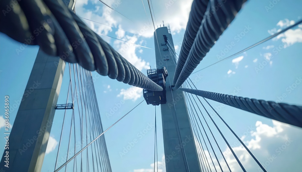 Obraz premium Looking Up at Massive Cables of a Suspension Bridge Against a Blue Sky.