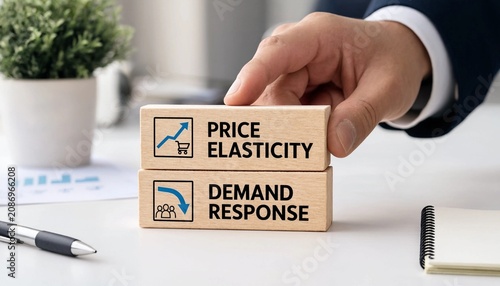 Business concept of price elasticity and demand response with wooden blocks on office desk with hand holding block