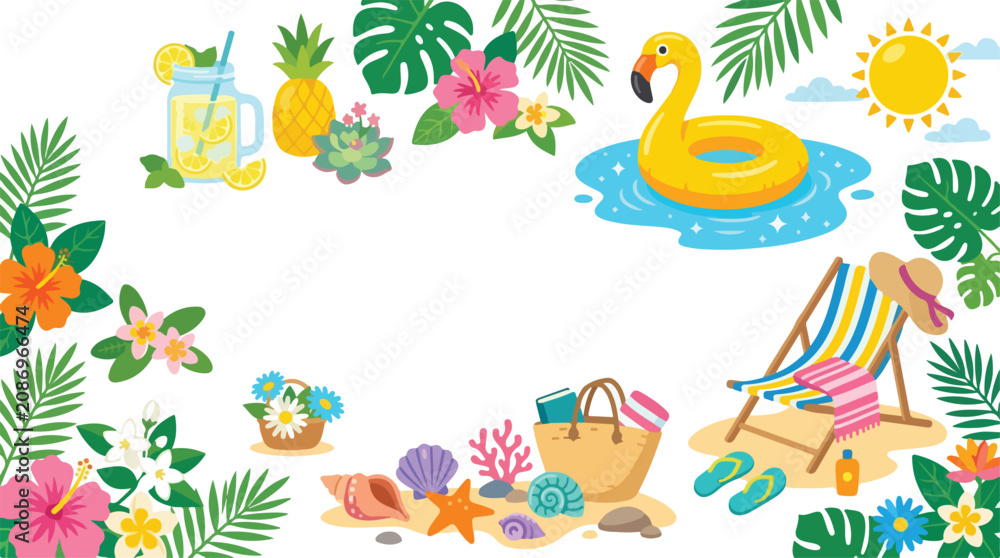 Obraz premium A vibrant summer-themed vector illustration featuring beach essentials like a flamingo floatie, deck chair, tropical flowers, and refreshing drinks.
