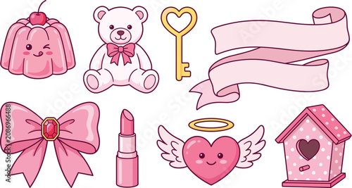 Cute Pink Icon Set with Teddy Bear Key Bow and Heart Angel Wings Kawaii Cartoon Vector Illustration for Girly Design