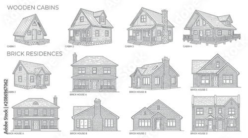 Quadro su tela Collection of Hand-Drawn Wooden Cabins and Brick Houses, Architectural Styles