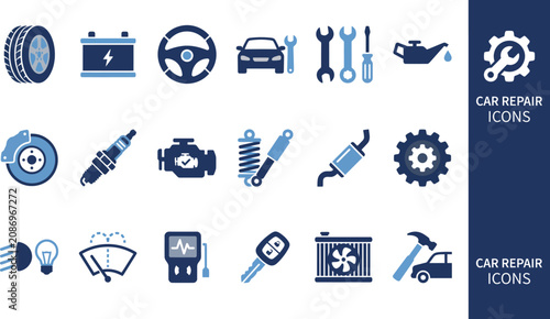 Car Repair and Auto Maintenance Icons Set – Automotive Service, Garage Tools, Engine, Battery, Brake and Vehicle Parts Vector Collection