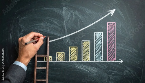 Hand drawing growing bar chart with arrow on chalkboard.