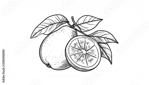 Hand drawn citrus fruit with leaves line art.