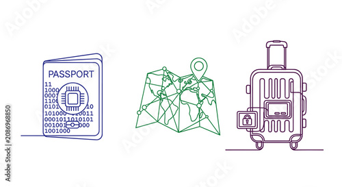Travel documents and luggage icons.