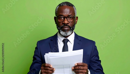 A professional African American man in a suit holds papers in front of a green background.