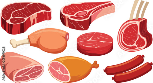 Tableau sur toile Meat cuts vector illustration collection featuring fresh raw beef steak lamb cho