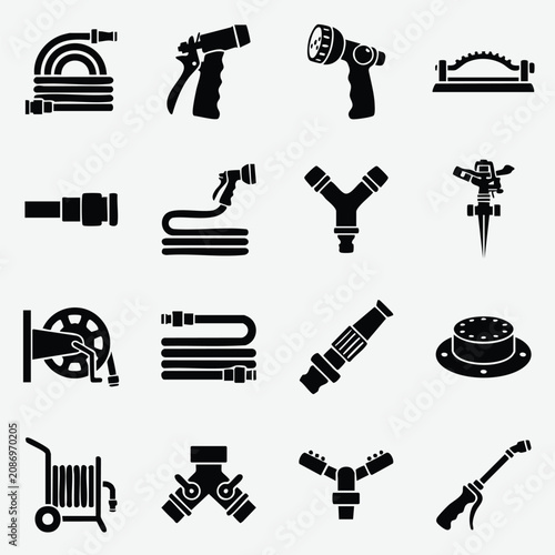 Tablou pe pânză Garden hose and irrigation equipment silhouette icons with irrigation watering s