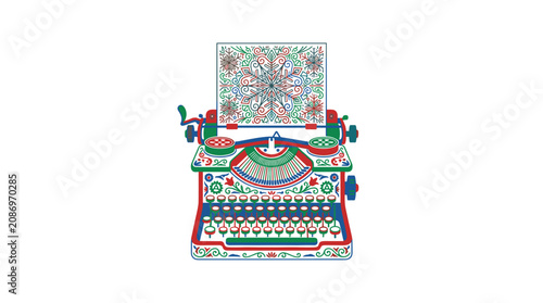 Vintage typewriter with colorful ornate design.