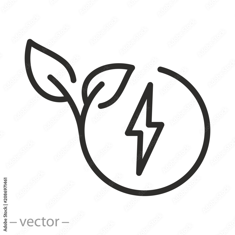 Naklejka premium green power, leaf lightning icon, renewable energy, thin line web symbol on white background - editable stroke vector illustration eps10