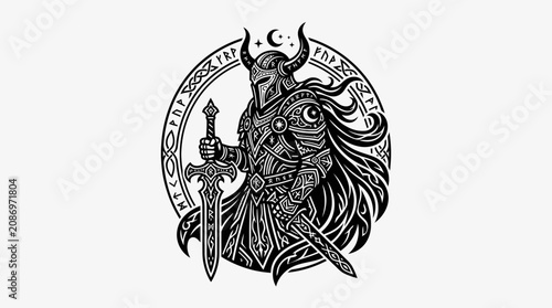 Tableau sur toile Viking Warrior with Sword and Helmet, Norse Mythology Emblem