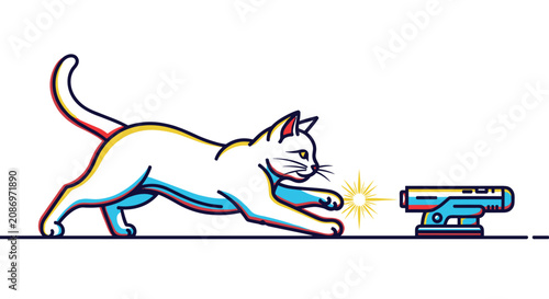 White cat chasing laser pointer toy.