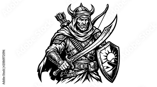 Konstfotografi Warrior Archer with Sword and Shield, Ancient Warrior, Medieval Fighter, Fantasy