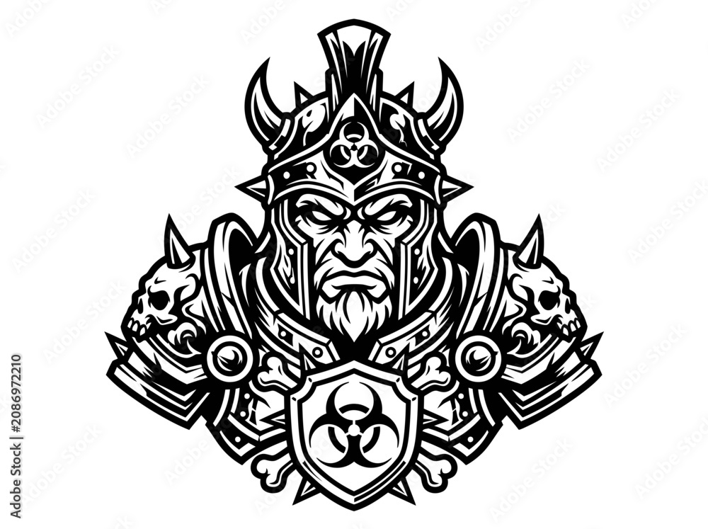 Fototapeta premium Warrior King Emblem with Biohazard Symbol - Black and White Illustration