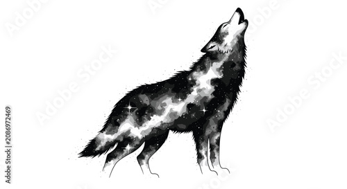 Wolf howling at the moon outdoors.