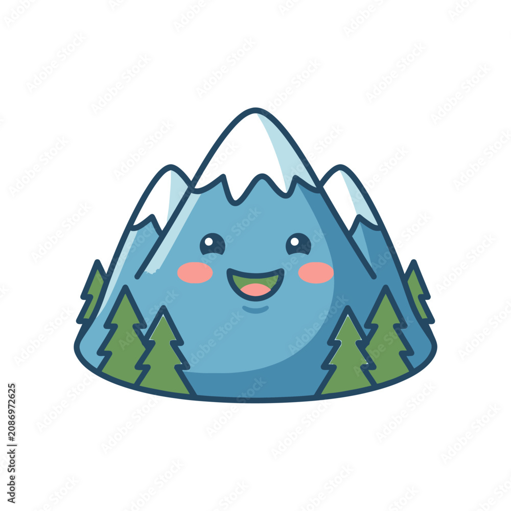 Obraz premium Adorable kawaii mountain character featuring a happy smiling face, rosy cheeks, and snow-capped peaks, surrounded by green pine trees on a white background.