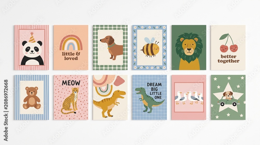 Fototapeta premium Child poster. Kid room decor. Cartoon trendy playful print with cute characters. Animals, quotes on templates for playroom, kindergarten classroom. Vector concept