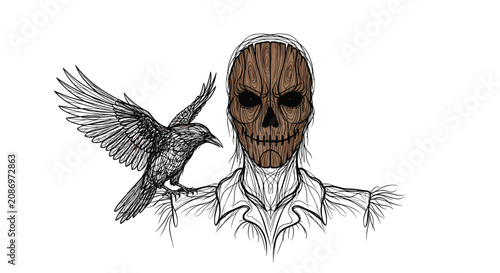 Wooden man with crow on shoulder.