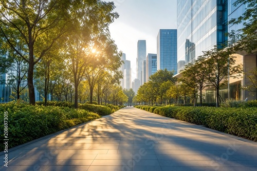 City park photo background for business banner with green trees and modern glass buildings